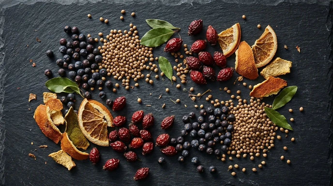 Juniper berries, rosehip and botanicals